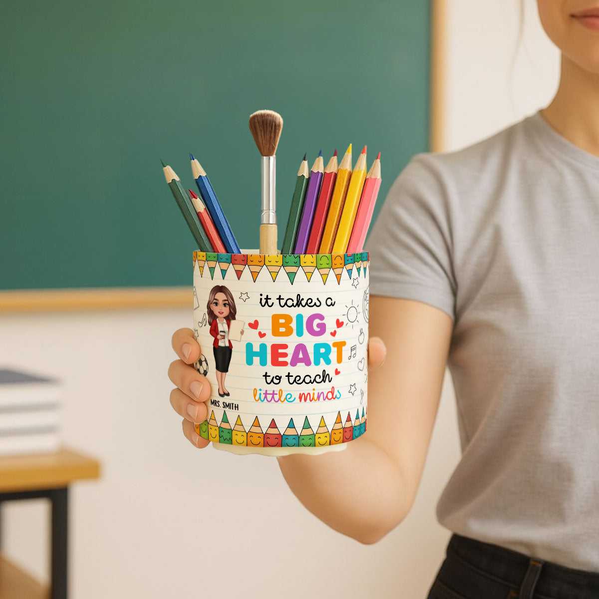 It Takes a Big Heart to Shape Little Mind Doodle Pattern Personalized Rotating Pen Holder, Teacher Appreciation Gift, Back To School Gift