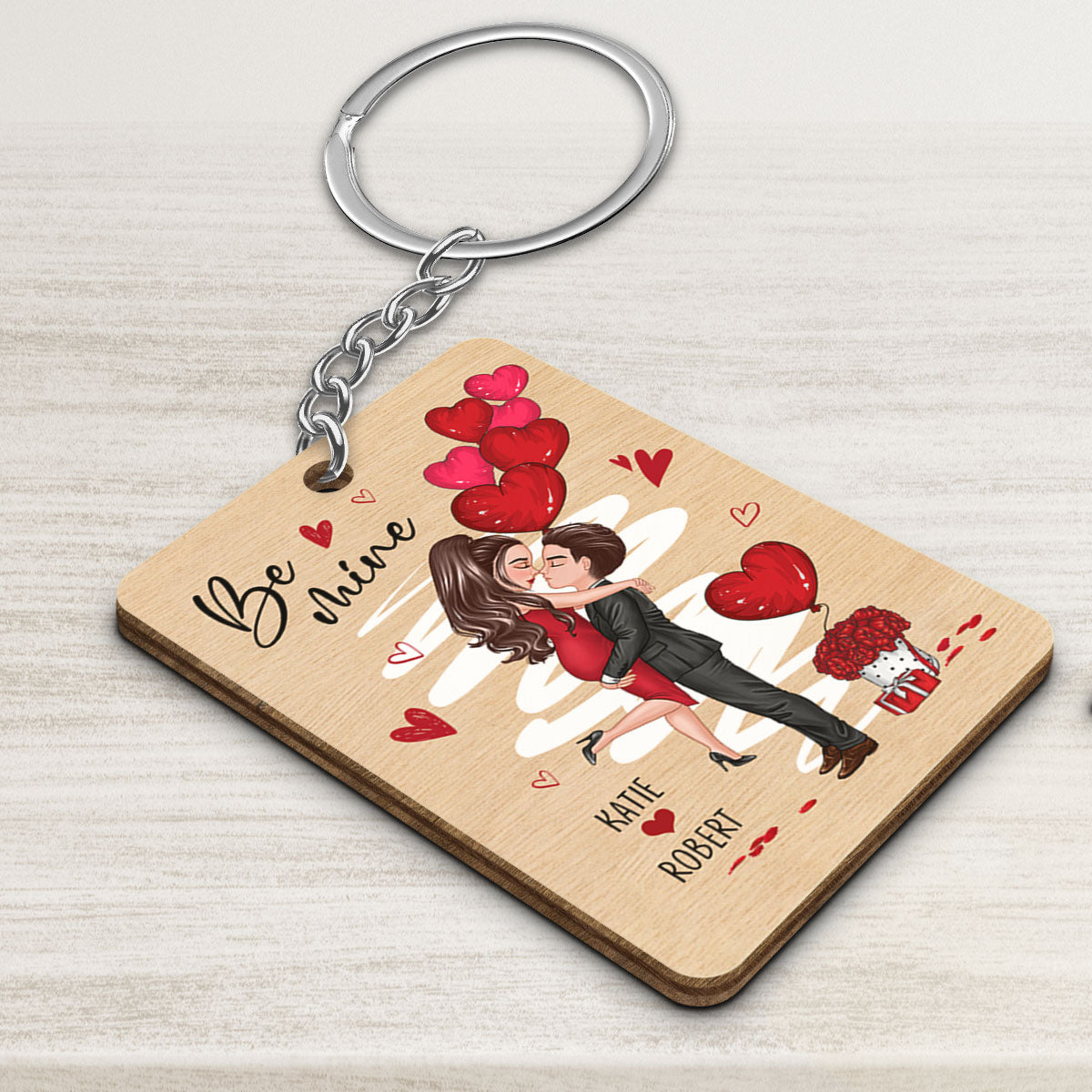 Be Mine Doll Couple Hugging Kissing Gift For Him For Her Personalized Wooden Keychain