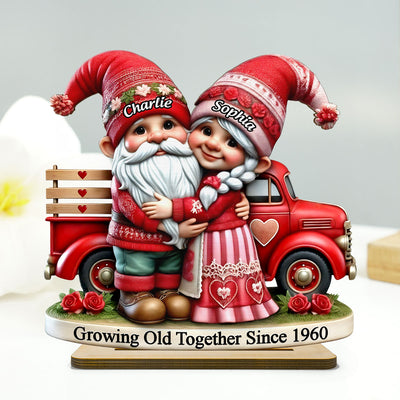 3D Effect Gnome Couple  Truck Personalized 2-Layer Standing Wooden Plaque, Heartfelt Gift For Her, For Wife