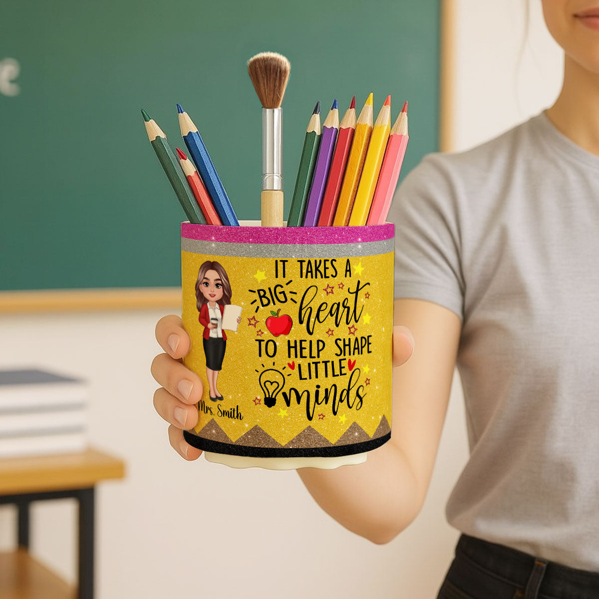 It Takes A Big Heart to Help Shape Little Minds Personalized Rotating Pen Holder, Teacher Appreciation Gift, Back To School Gift