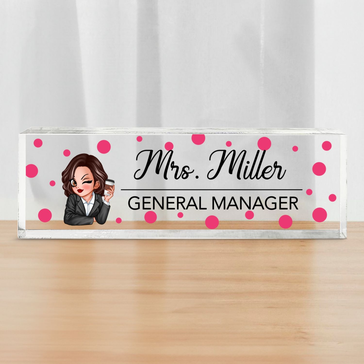 Polka Dot Woman Personalized Acrylic Desk Name Plate, Office Desk Decor, Gift For Colleagues, Coworkers, Boss