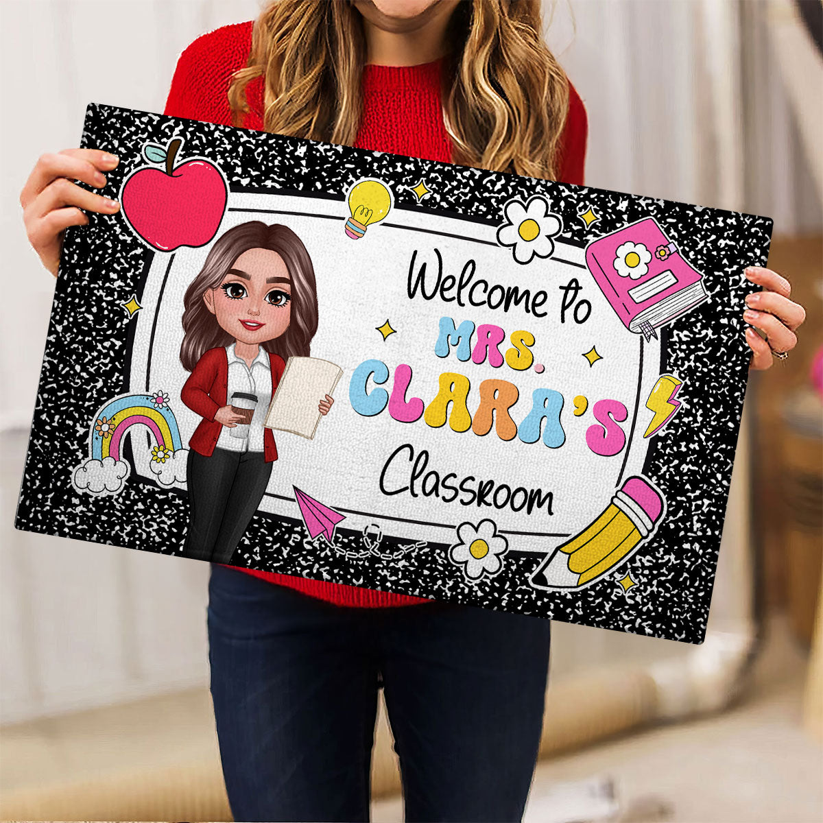 Teacher Composition Book Pattern - Personalized Doormat - Back To School Gift, Classroom Decoration