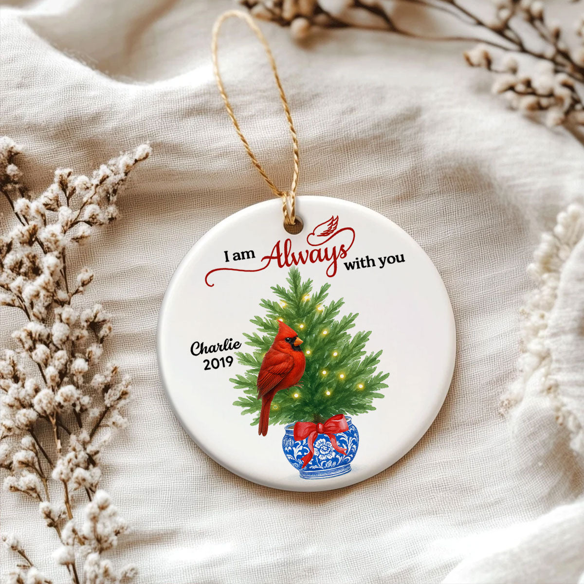 Cardinals Chinoiserie Christmas Always With You - Personalized Ceramic Ornament - Meaningful Sympathy Gift