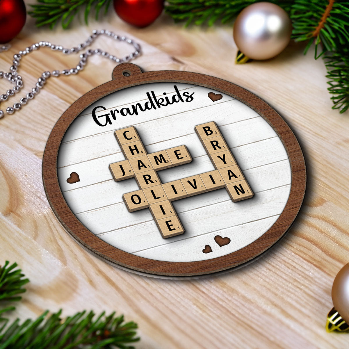 Grandkids Crossword Puzzle Art - Personalized 2-Layered Wooden Ornament - Christmas Gift For Mom, Gift For Grandma