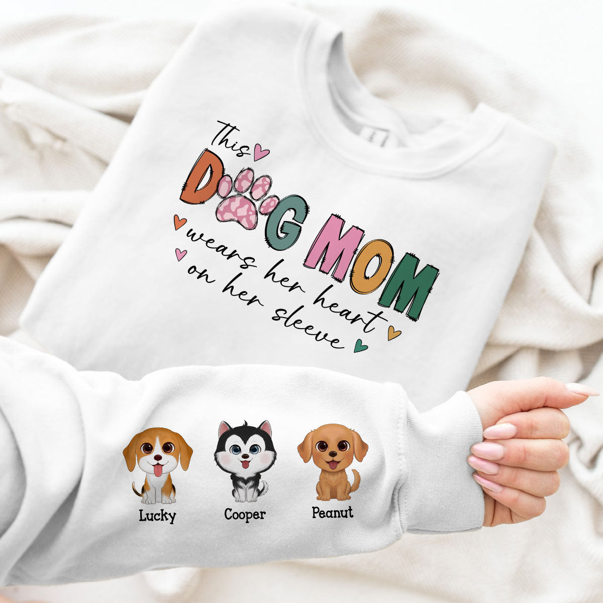 This Dog Mom Wears Her Heart On Her Sleeve Colorful Pattern, Custom Dog Name, Dog Mama, Personalized Sleeve Printed Sweatshirt
