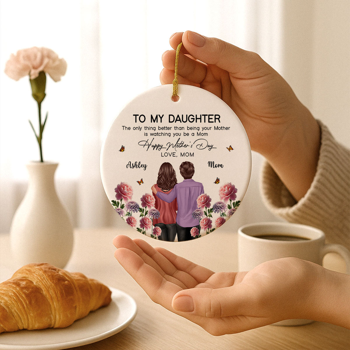 To My Daughter From Mom Happy Mother's Day Birth Flower Personalized Ceramic Ornament, Gift For Daughter | Made In The USA