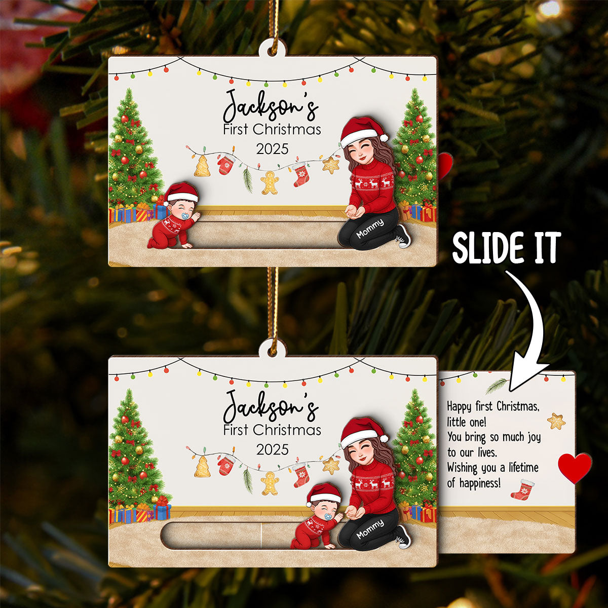 Baby First Christmas Mom Dad Grandma Grandpa - Personalized Slider Ornament