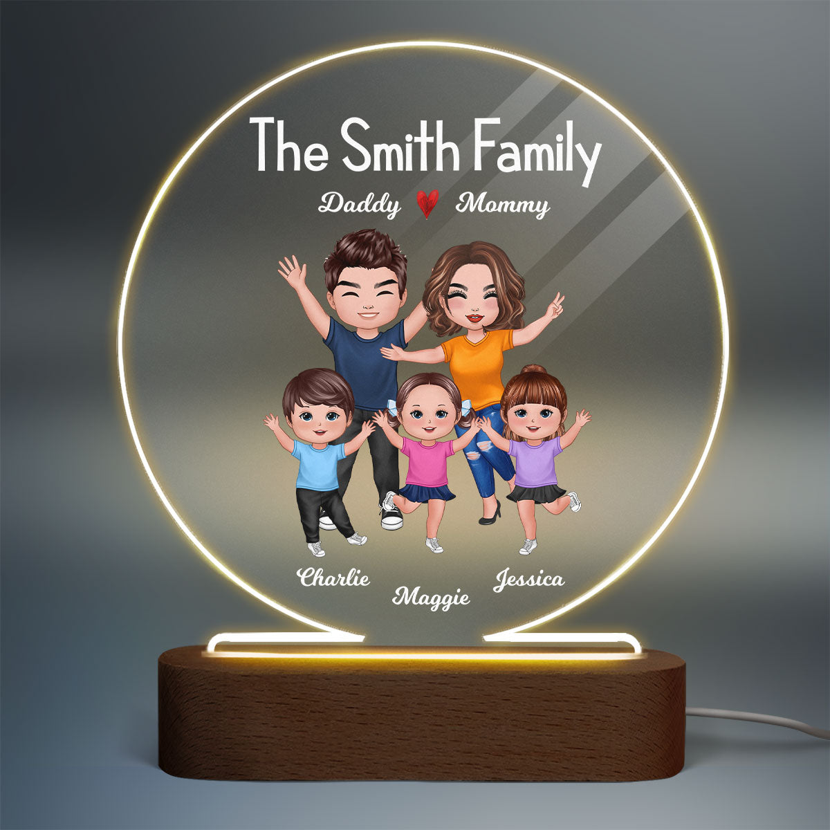 Happy Whole Family Doll Couple Dad Mom Kids Dogs Cats Personalized Circle Acrylic Plaque LED Night Light