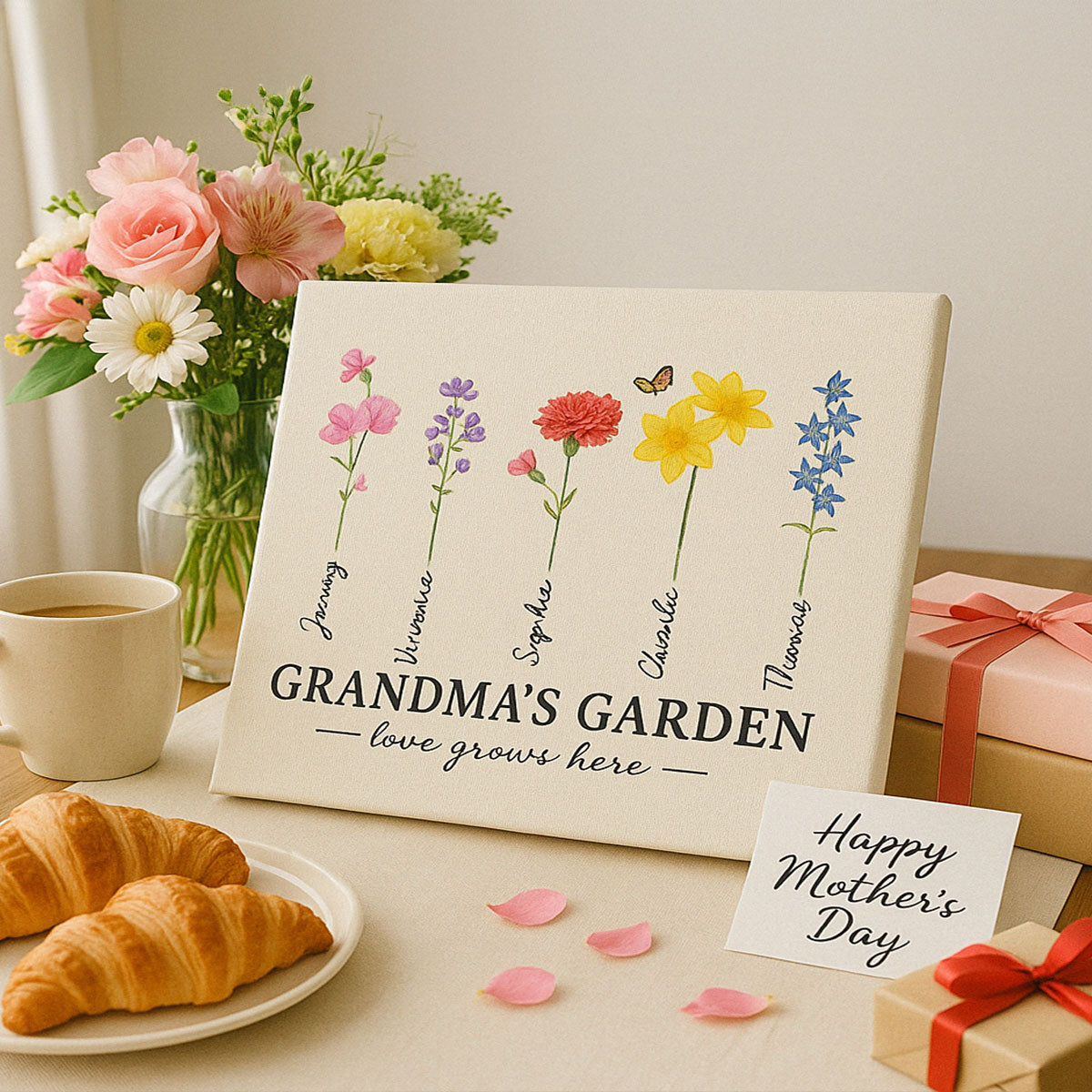 Grandma‘s Garden Love Grows Here Watercolor Birth Month Flower Gift For Grandma Mom Personalized Canvas Print