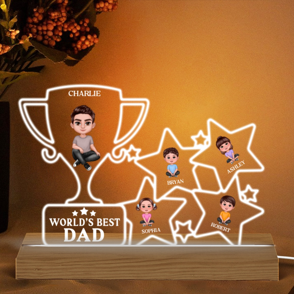 World‘s Best Dad Trophy And Stars Personalized Warm Acrylic Custom Shape LED Night Light