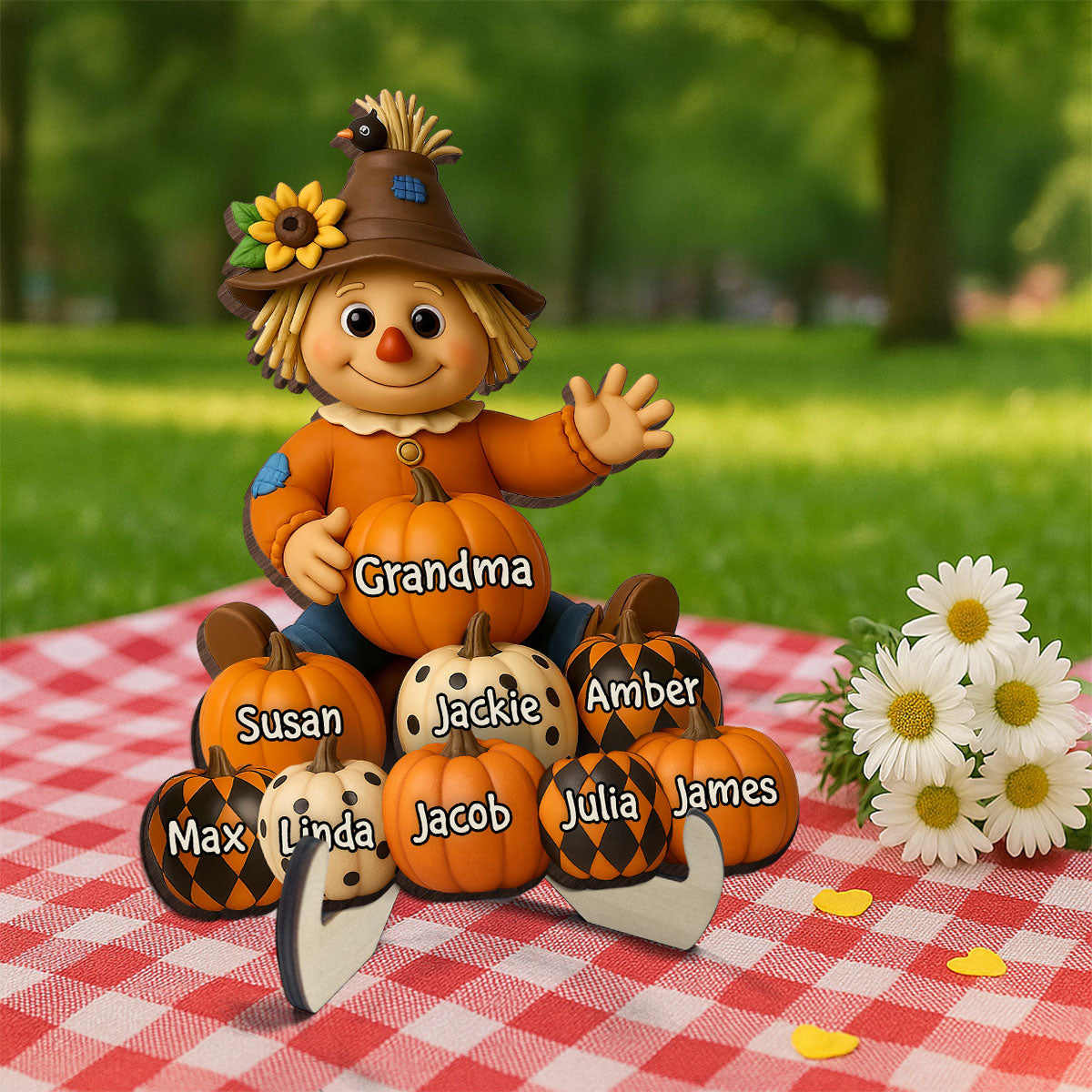 Fall Season Grandma Scarecrow Grandkids Pumpkins 3D Effect Personalized 2-Layer Wooden Plaque