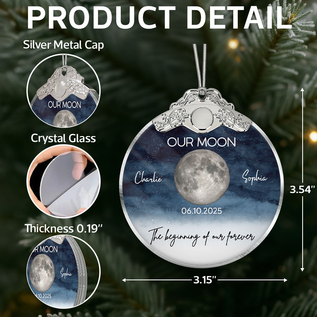 Starry Night Moon Phase Couple The Beginning Of Our Forever - Personalized Glass Ornament With Silver Cap