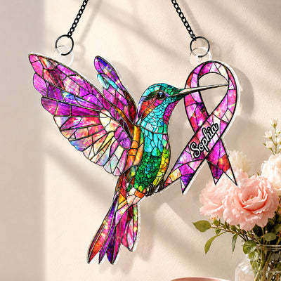Hummingbird Pink Ribbon Custom Name - Personalized Acrylic Window Hanger - Breast Cancer Awareness Gift