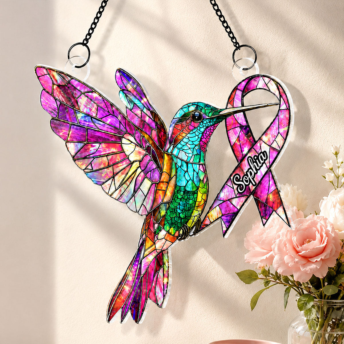 Hummingbird Pink Ribbon Custom Name - Personalized Acrylic Window Hanger - Breast Cancer Awareness Gift