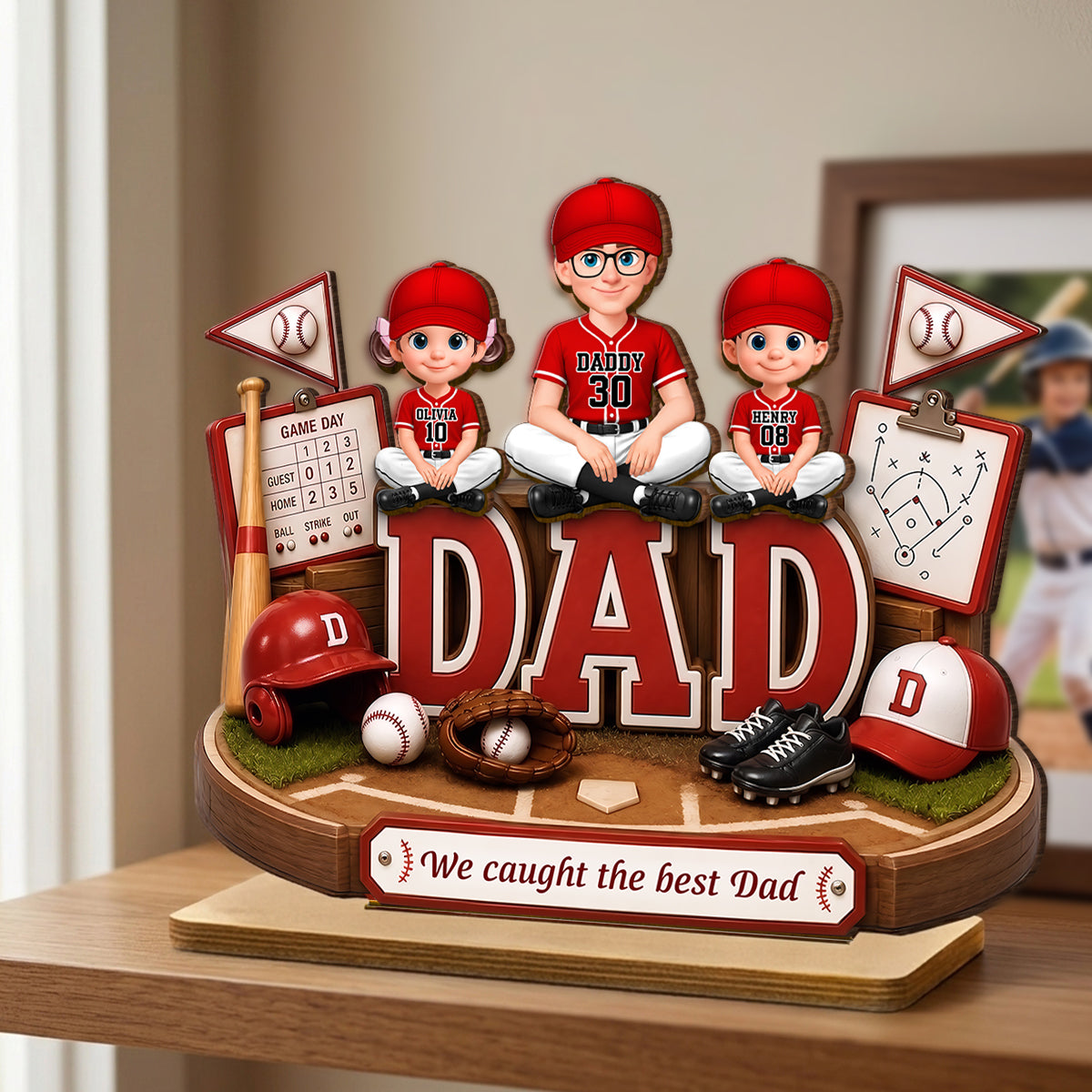 Baseball Dad Kids We Caught The Best Dad - Personalized 2-Layered Wooden Plaque - Father's Day Gift For Dad, Husband
