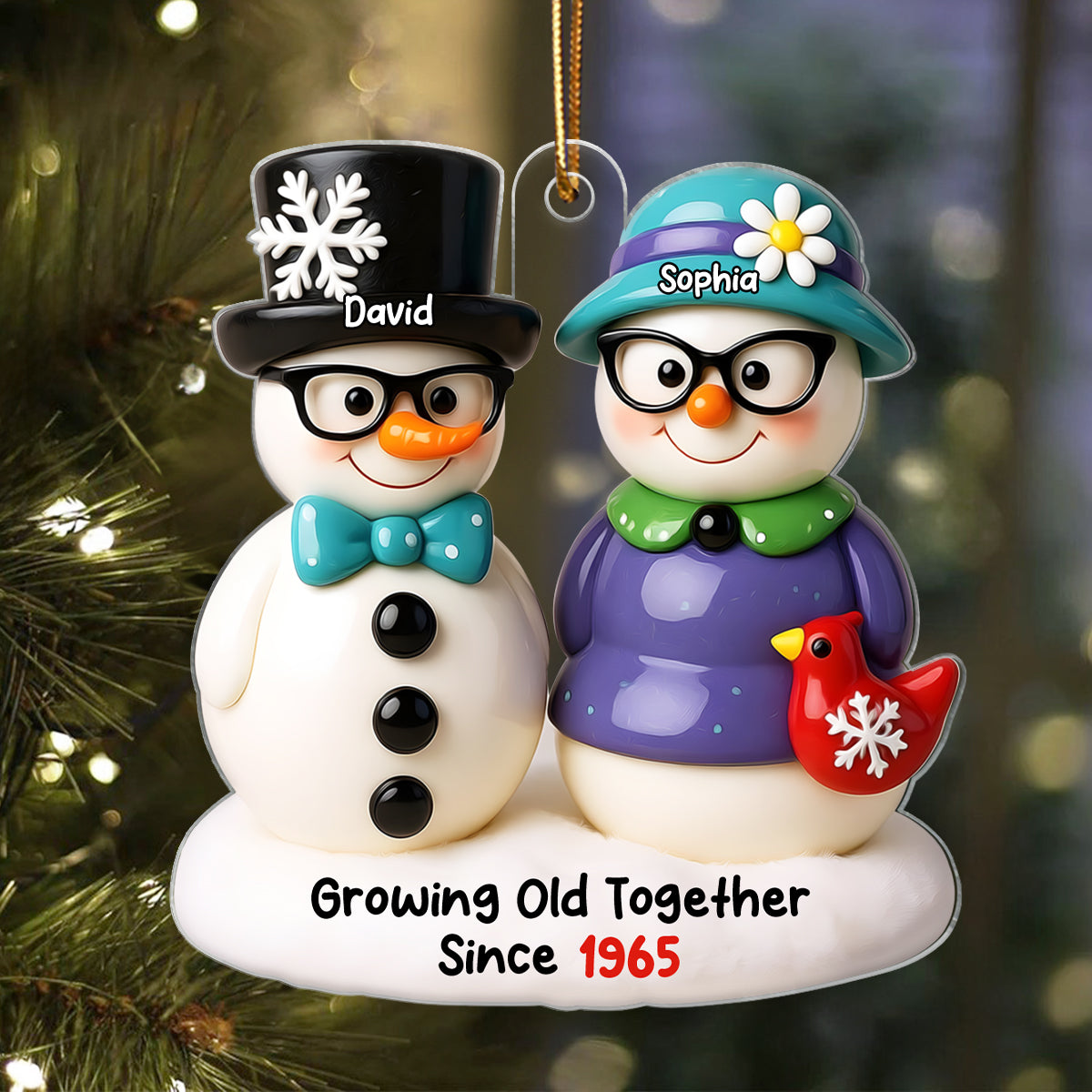 Snowman Couple Growing Old Together Personalized Acrylic Ornament, 3D Effect Ornament for Couple