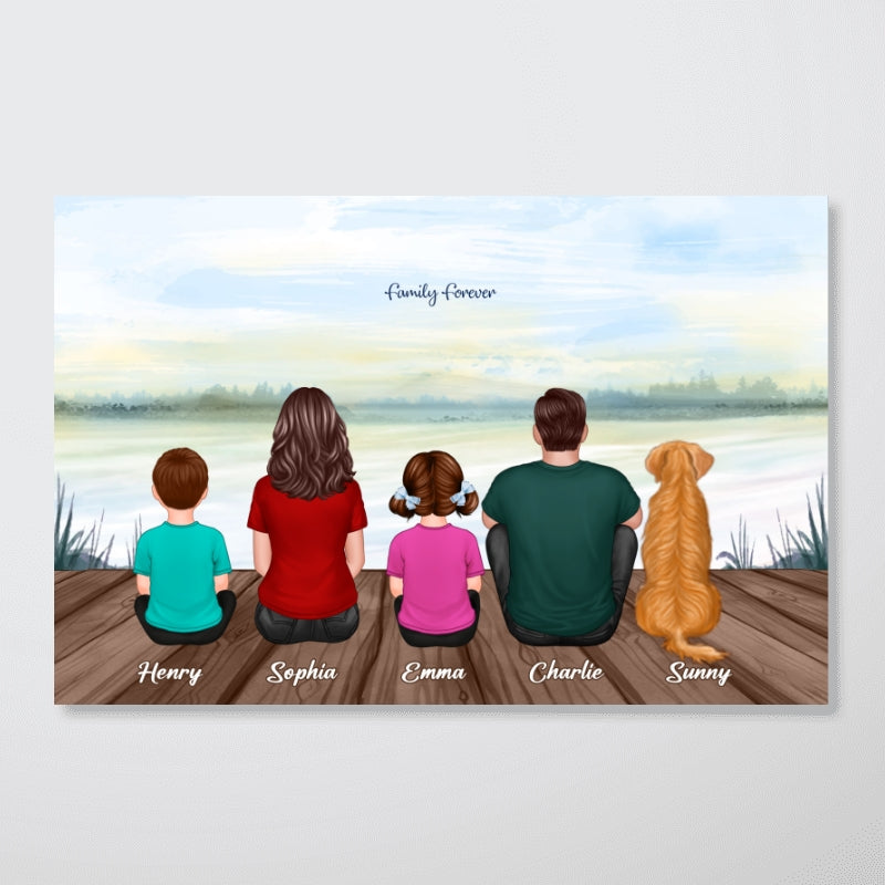 Retro Family Dad Grandpa Back View Man & Kids Lake View Personalized Horizontal Poster