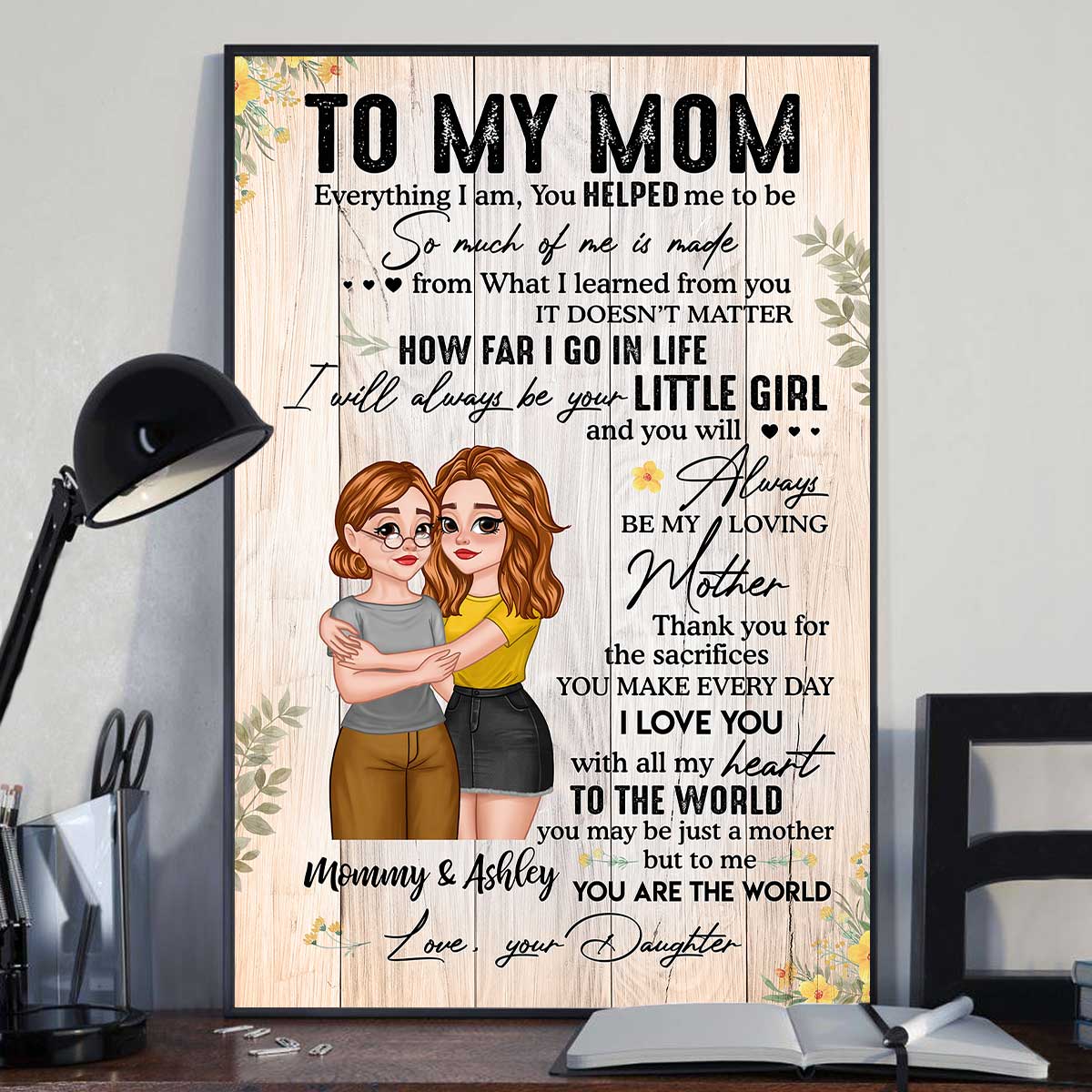 To My Mom Cartoon Hugging Mother Daughter Personalized Vertical Poster