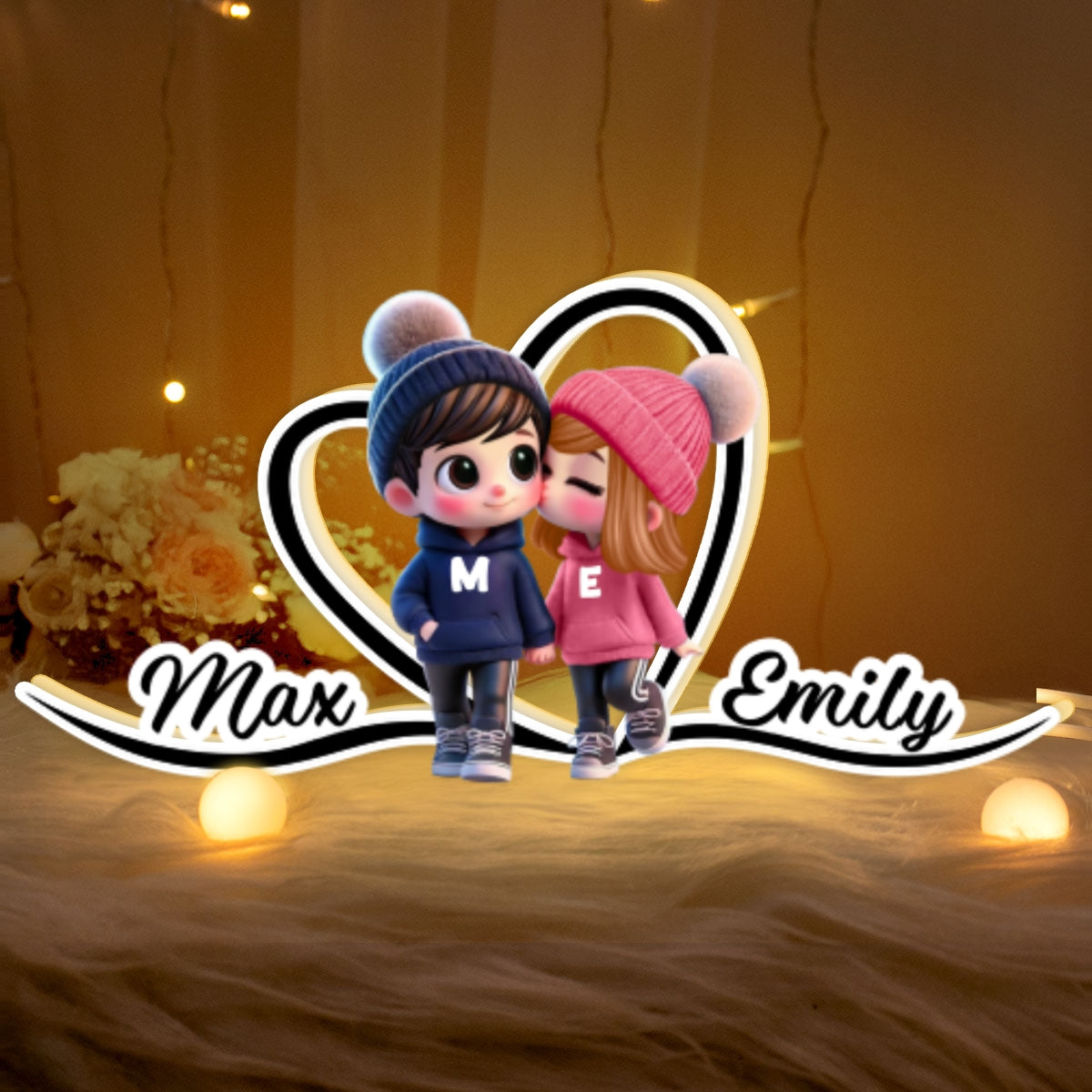 Cute Cartoon Couple Walking Heart Shape With Names Personalized Light Box, Anniversary Gift for Him for Her