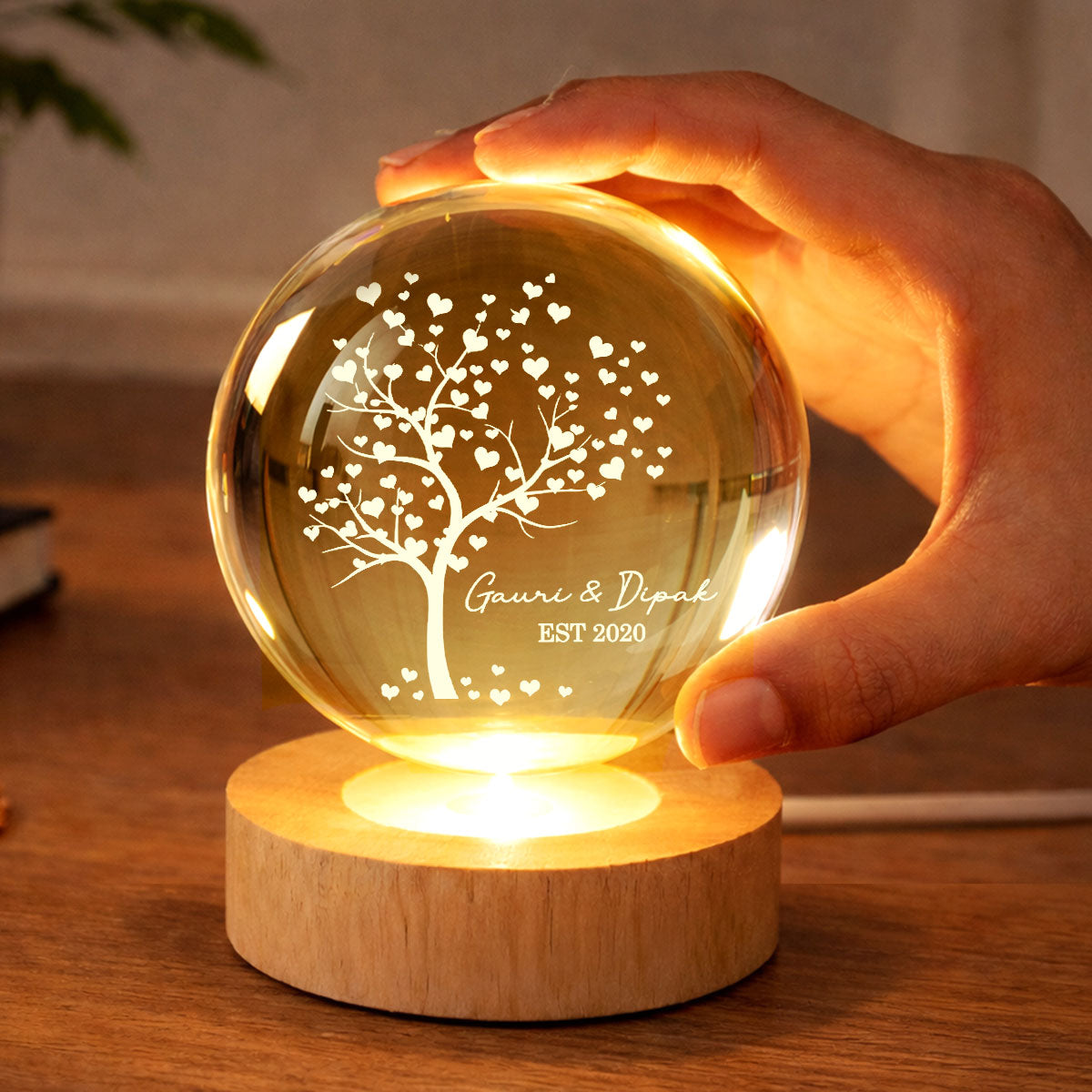 Tree Of Love Couple - Personalized Crystal Ball LED Night Light - Anniversary, Valentine's Day Gift, Gift For Him, Gift For Her