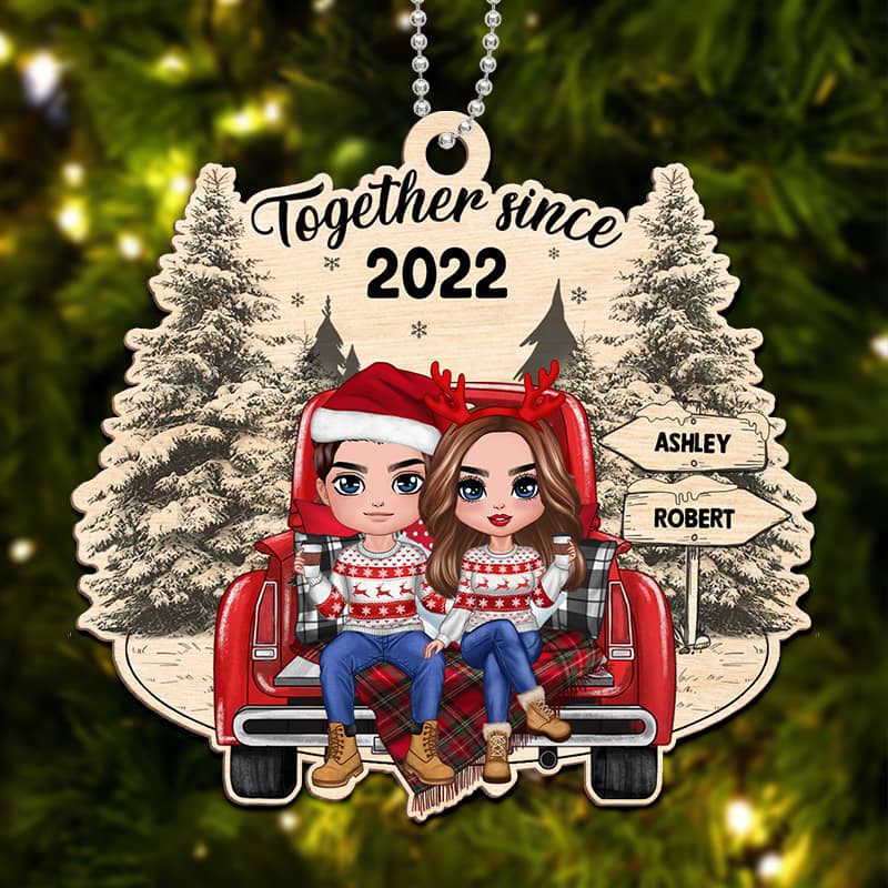 Doll Couple Sitting On Christmas Truck Personalized Wooden Ornament