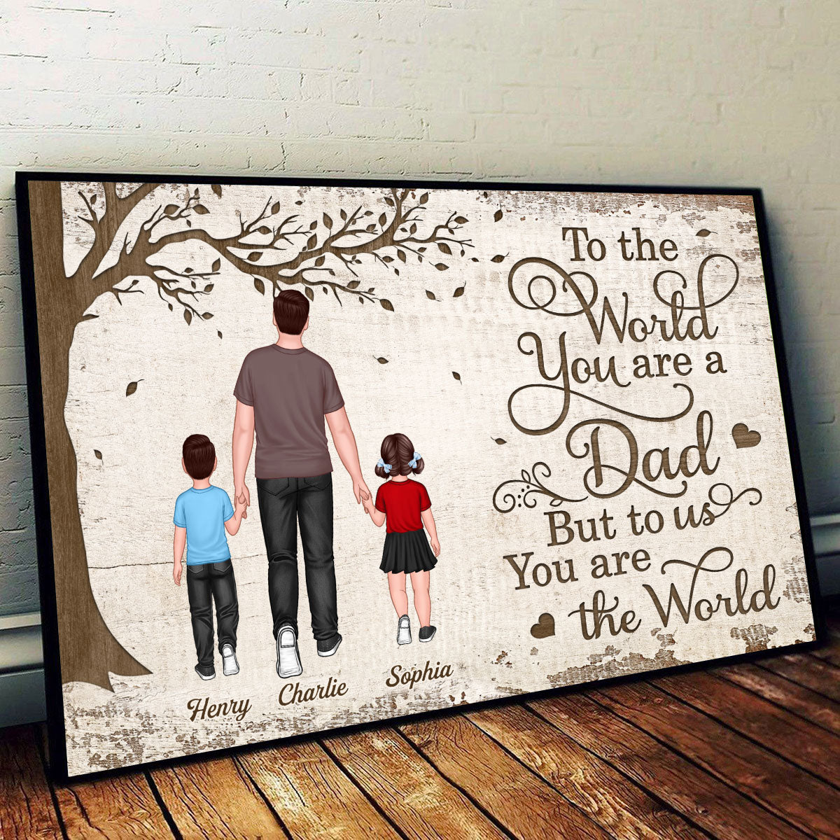 Back View Dad And Kids Walking Under Tree Personalized Horizontal Poster