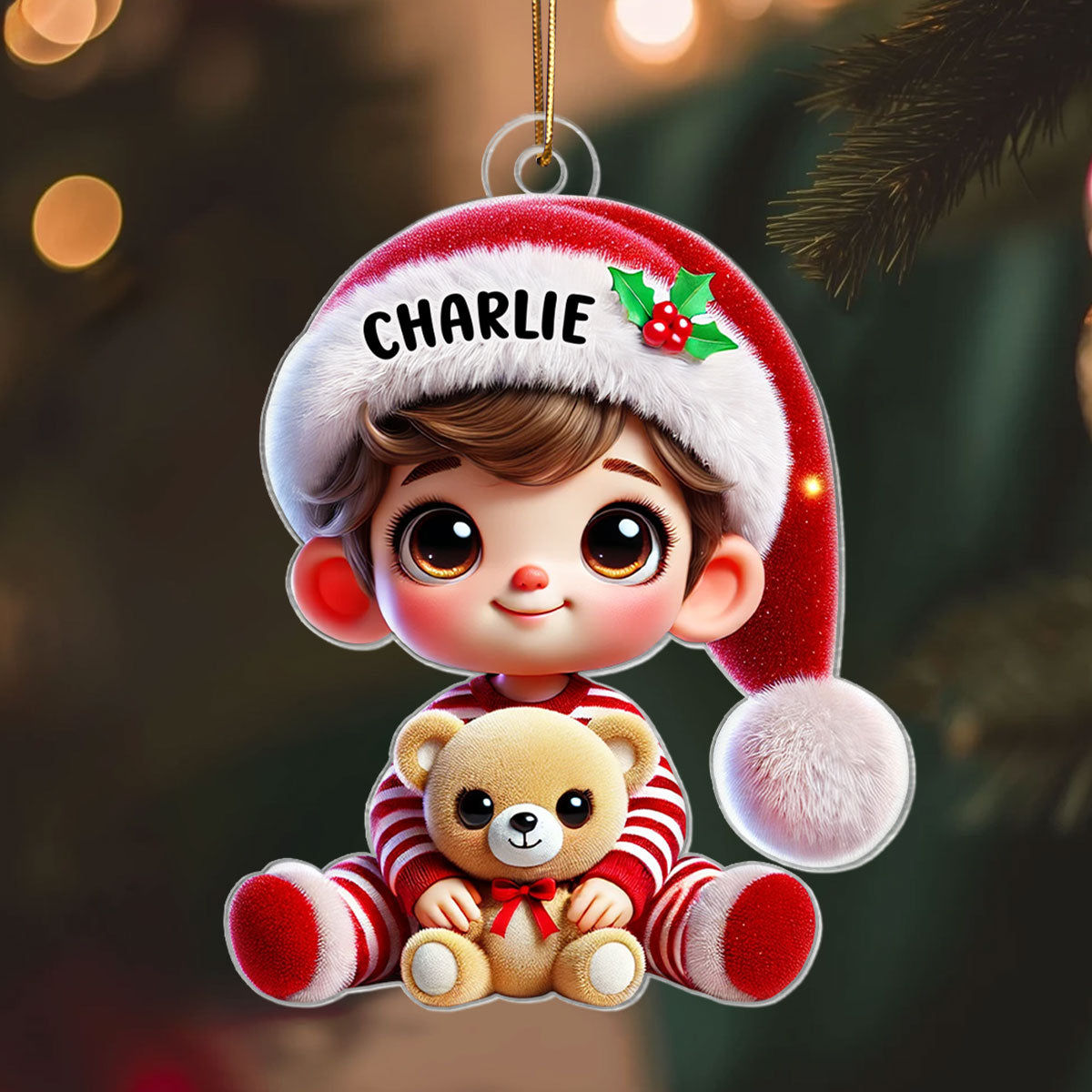 Kid Boy Girl Holding A Teddy Bear Personalized Acrylic Ornament, Christmas Gift for Children, Grandchildren