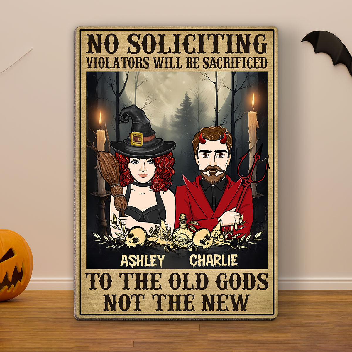 No Soliciting Halloween Couple Perosnalized Wood Sign, Door Hanger, Outside Decor