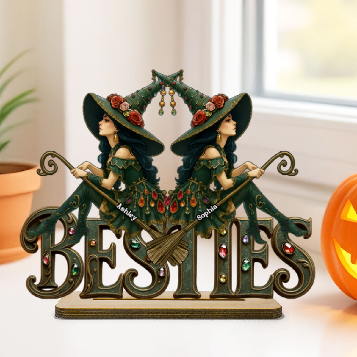 Halloween Gothic Vintage Besties Sisters Sitting On Text Personalized Standing Wooden Plaque