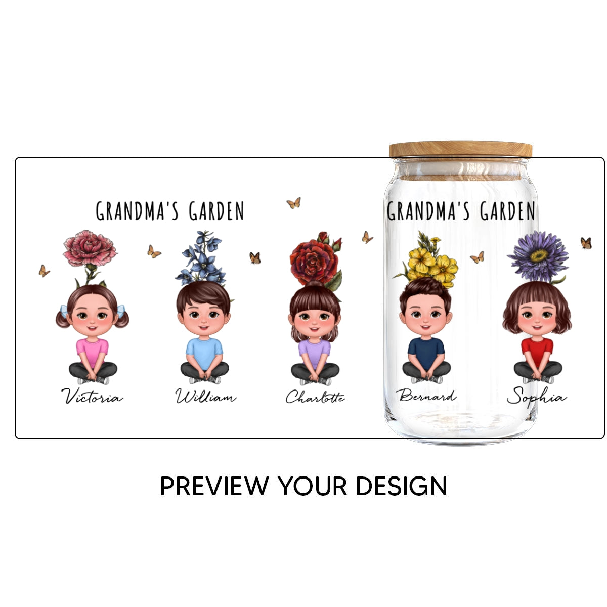 Gift For Grandma Grandma‘s Garden Cute Kids With Beautiful Vintage Birth Flower Behind Personalized Clear Glass Can