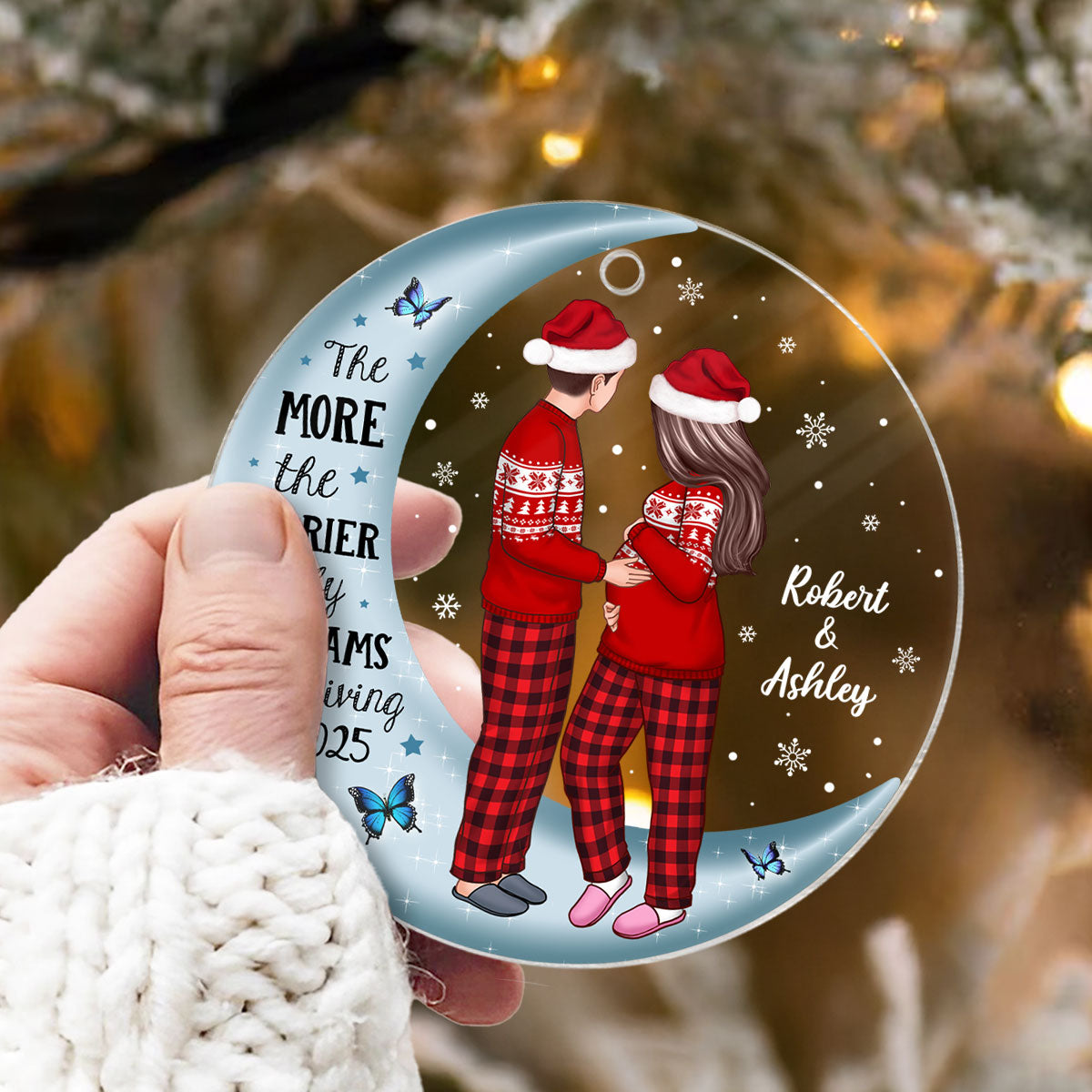 Pregnancy Custom Family On Moon, Expecting New Baby, Mom to be Gift Acrylic Circle Ornament