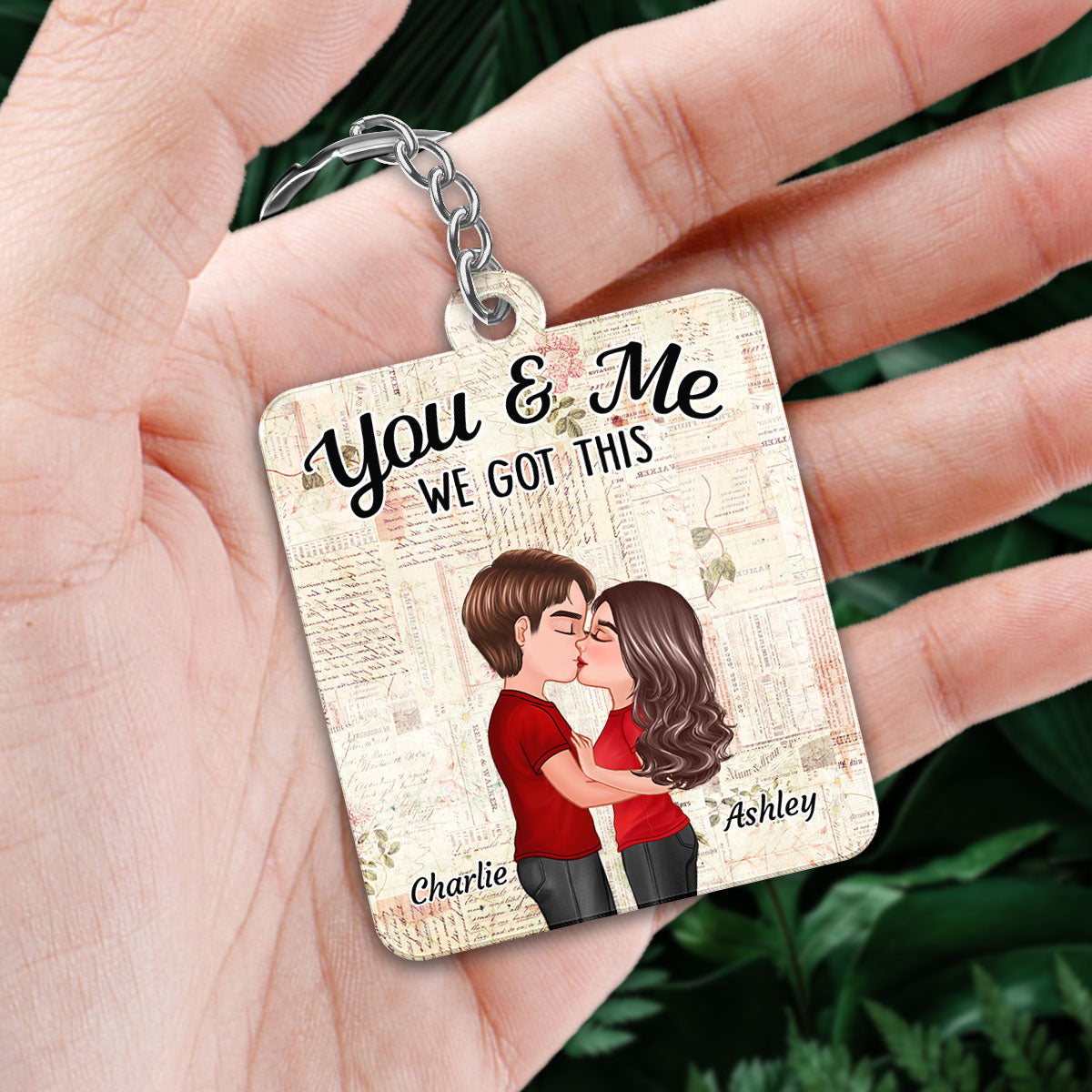 Floral Paper Doll Couple Kissing Favorite Song QR Code Personalized Acrylic Keychain