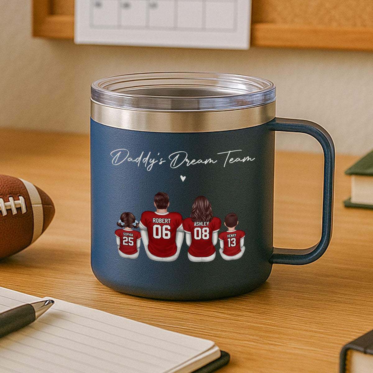 Football Daddy's Dream Team Personalized Stainless Steel Tumbler With Handle, Gift For Dad