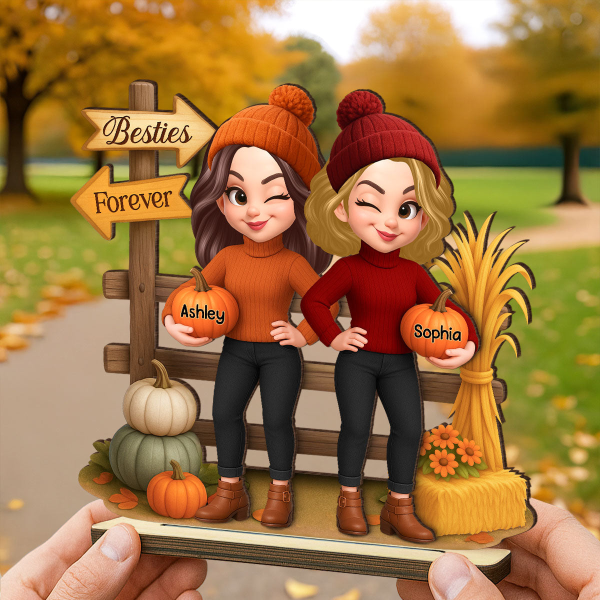 Besties Sisters Fall Season Fence Pumpkin Patch Personalized Standing Wooden Plaque