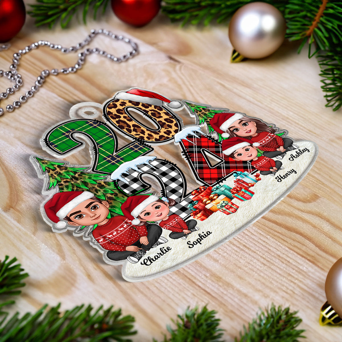 Christmas Family Sitting 2024 Stacked Pattern - Personalized Acrylic Ornament