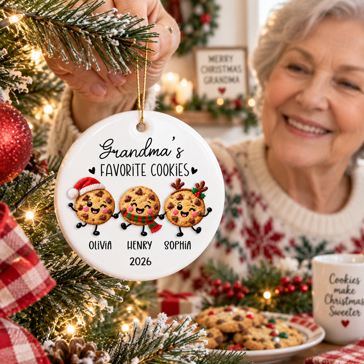 Grandma Favorite Cookies 2D Flat - Personalized Ceramic Ornament - Christmas Gift For Grandma