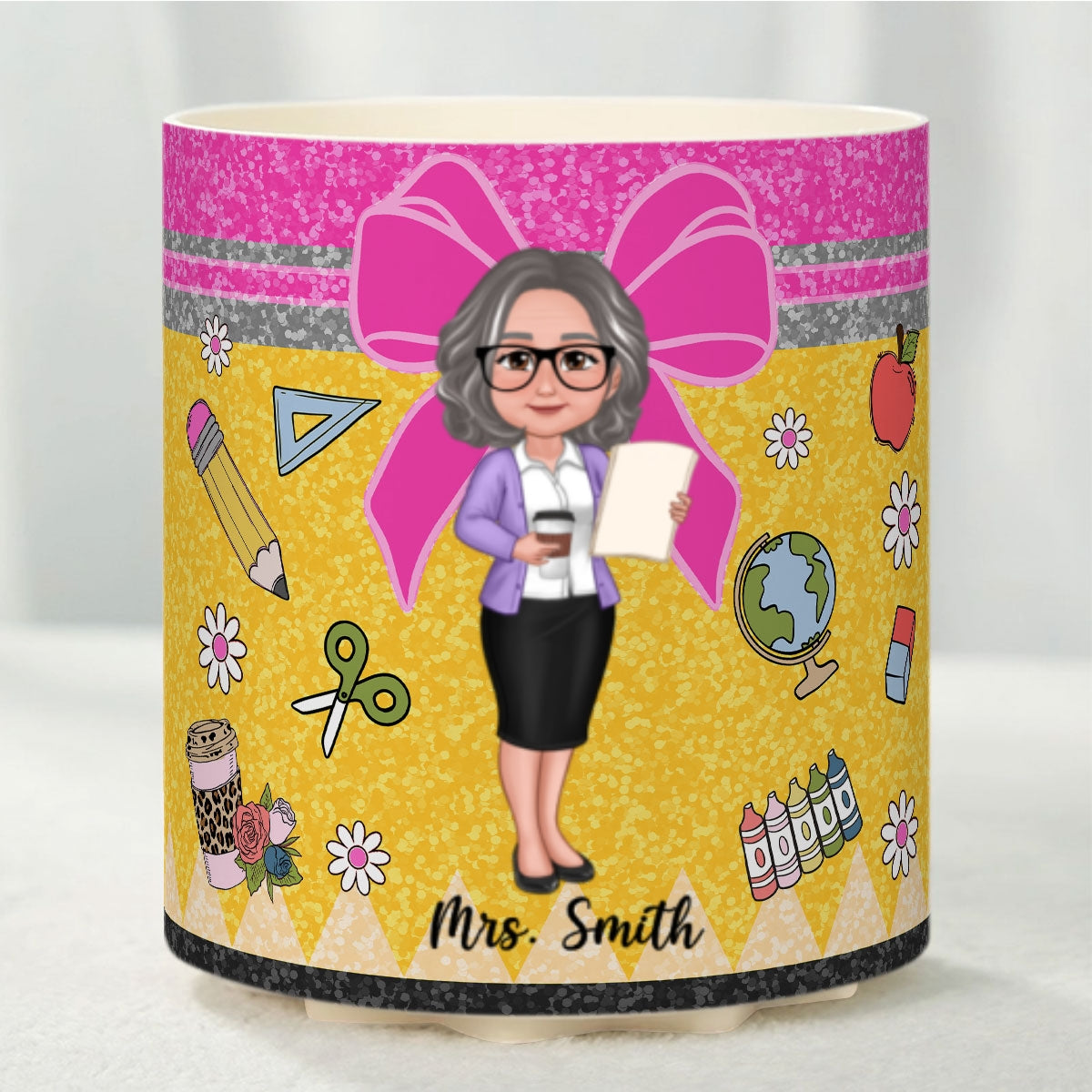 Glitter Coquette Pattern Personalized Rotating Pen Holder, Teacher Appreciation Gift, Back To School Gift