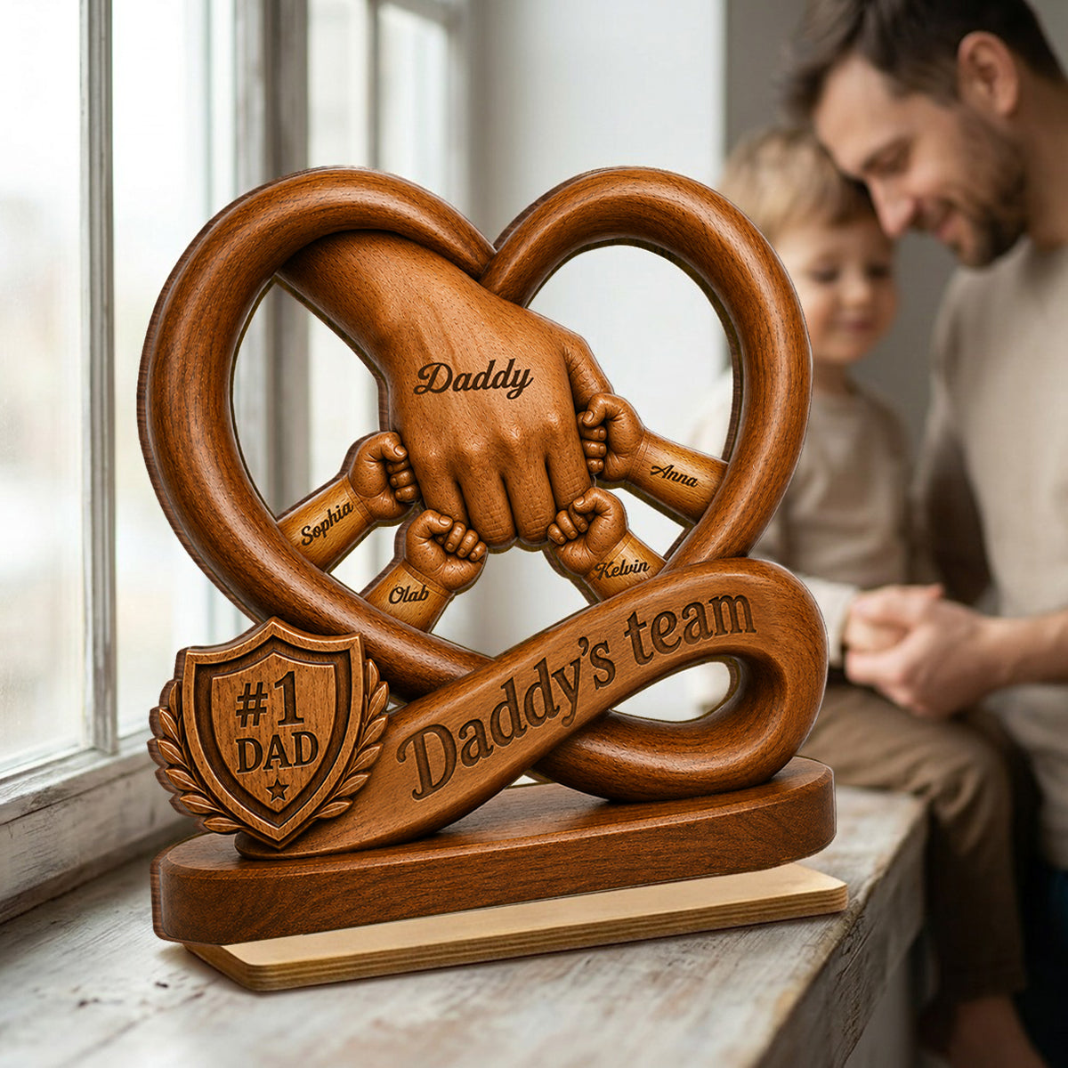 Daddy's Dream Team Fist Bump - Personalized 2-Layered Wooden Plaque - Father's Day Gift for Dad, Husband