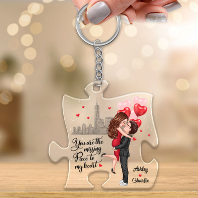 The Missing Piece To My Heart Couple Hugging Kissing Personalized Puzzle Acrylic Keychain