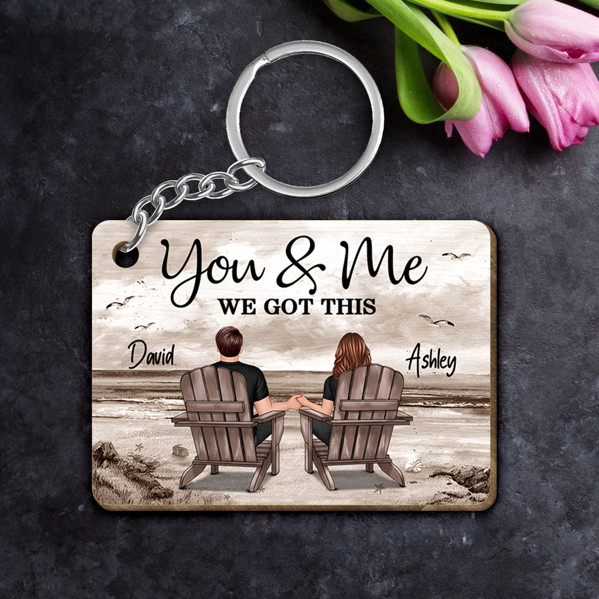 Retro Vintage Back View Couple Sitting Beach Landscape Personalized Wooden Keychain
