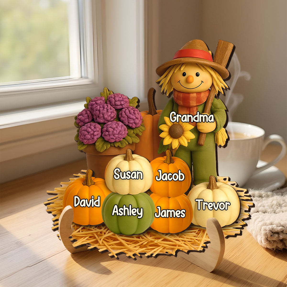 Fall Scarecrow Grandma with Pumpkins Grandkids Names 3D Effect - Personalized 2-Layered Wooden Plaque