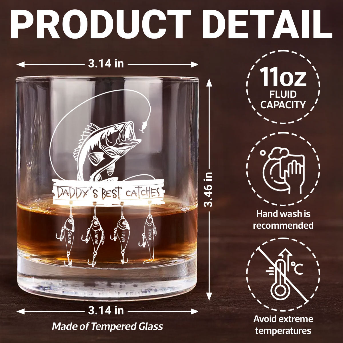 Daddy Grandpa Best Catch Personalized Whiskey Glass, Father's Day gift for Fishing Dad