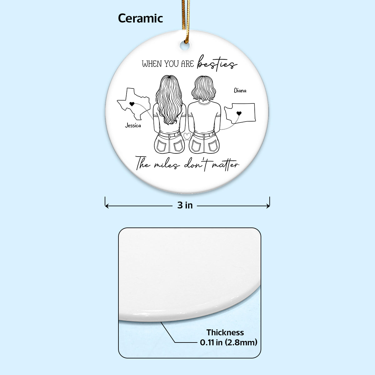 Outline Besties Sisters Long Distance Personalized Circle Ornament, Christmas Gift