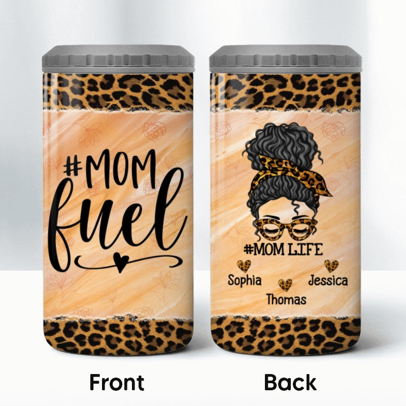 Mom Fuel Messy Bun Leopard Personalized Multipurpose Tumbler 4 In 1 Can Cooler