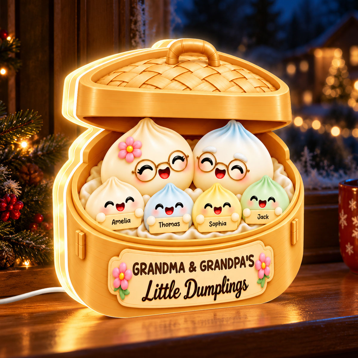 Cute Dumplings Grandma Grandpa and Grandkids - Personalized Light Box - Christmas Gift for Grandparents, Christmas Decor For Grandpa, Grandma