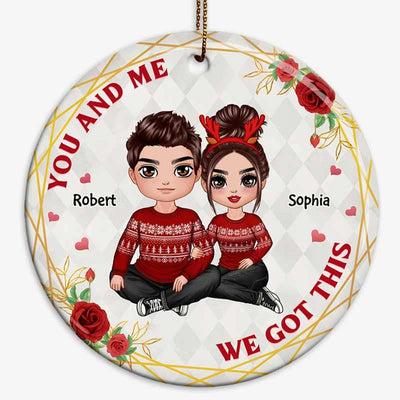 Doll Couple Embracing Floral Frame Personalized Circle Ornament