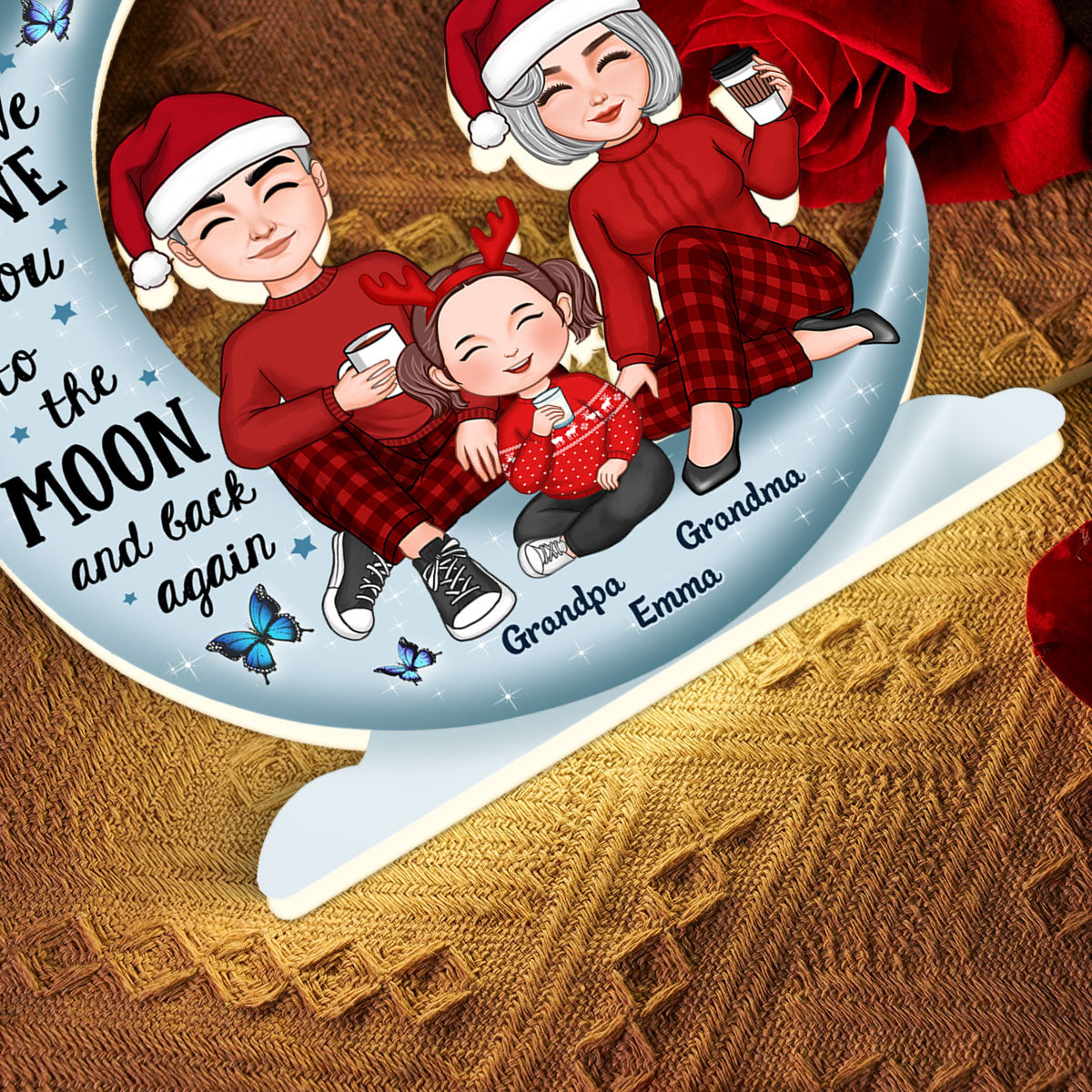 Cute Grandma Grandpa Grandparents & Grandkid On Moon - Personalized Light Box