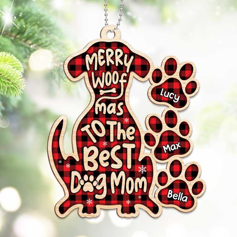 Merry Woofmas Dog Paw Checkered Personalized Wooden Ornament