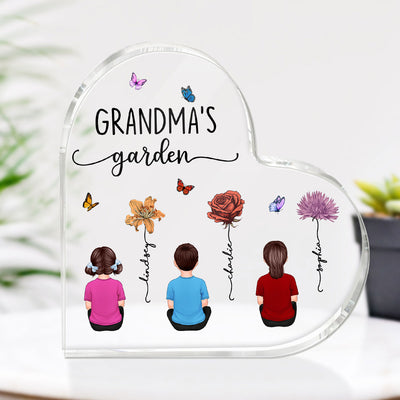 Grandkids Sitting Grandma Garden Vintage Birth Month Flowers Mother‘s Day Gift Personalized Heart Acrylic Block