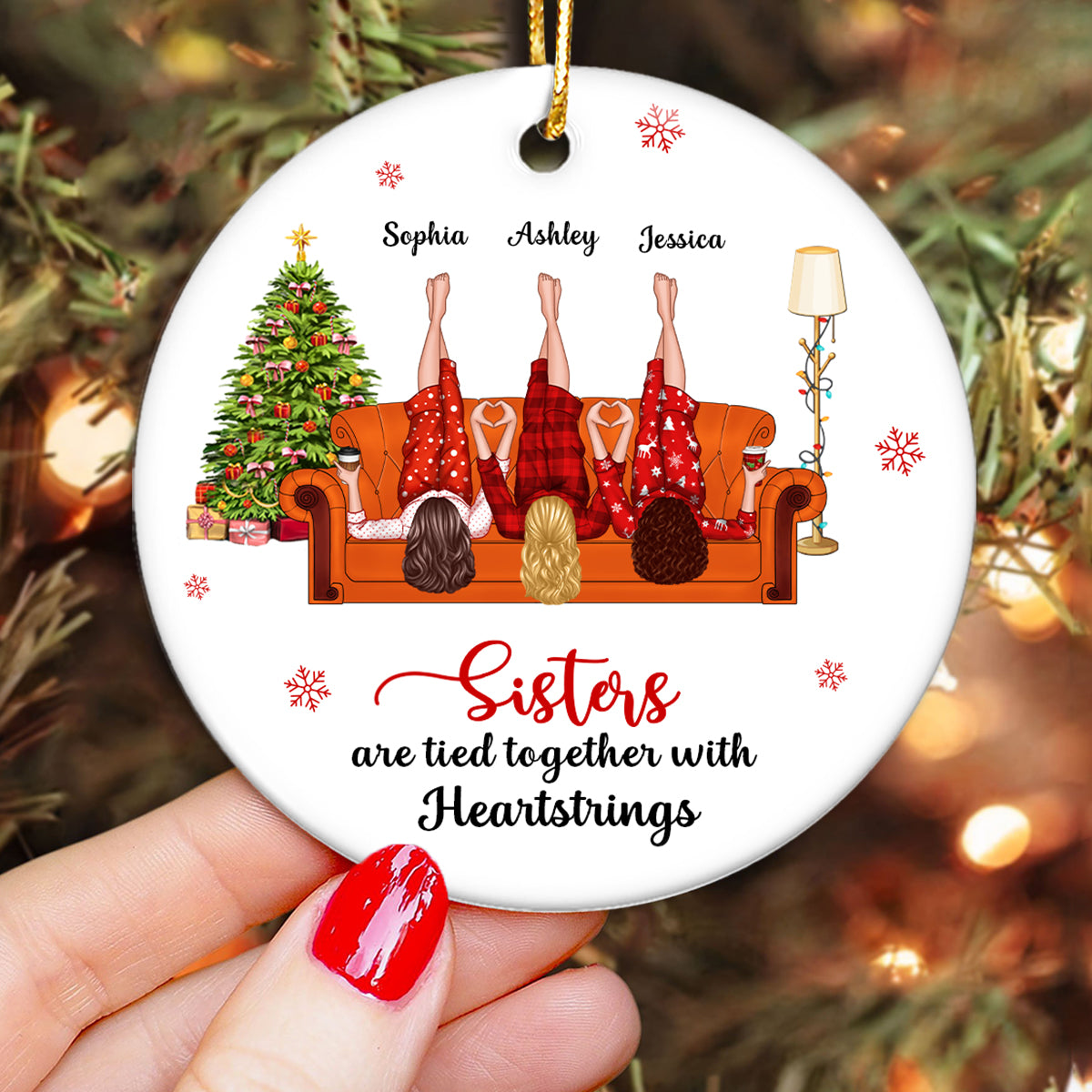 Sisters Are Tied Together With Heartstrings Personalized Ceramic Ornament, Christmas Gift for Sisters, Siblings